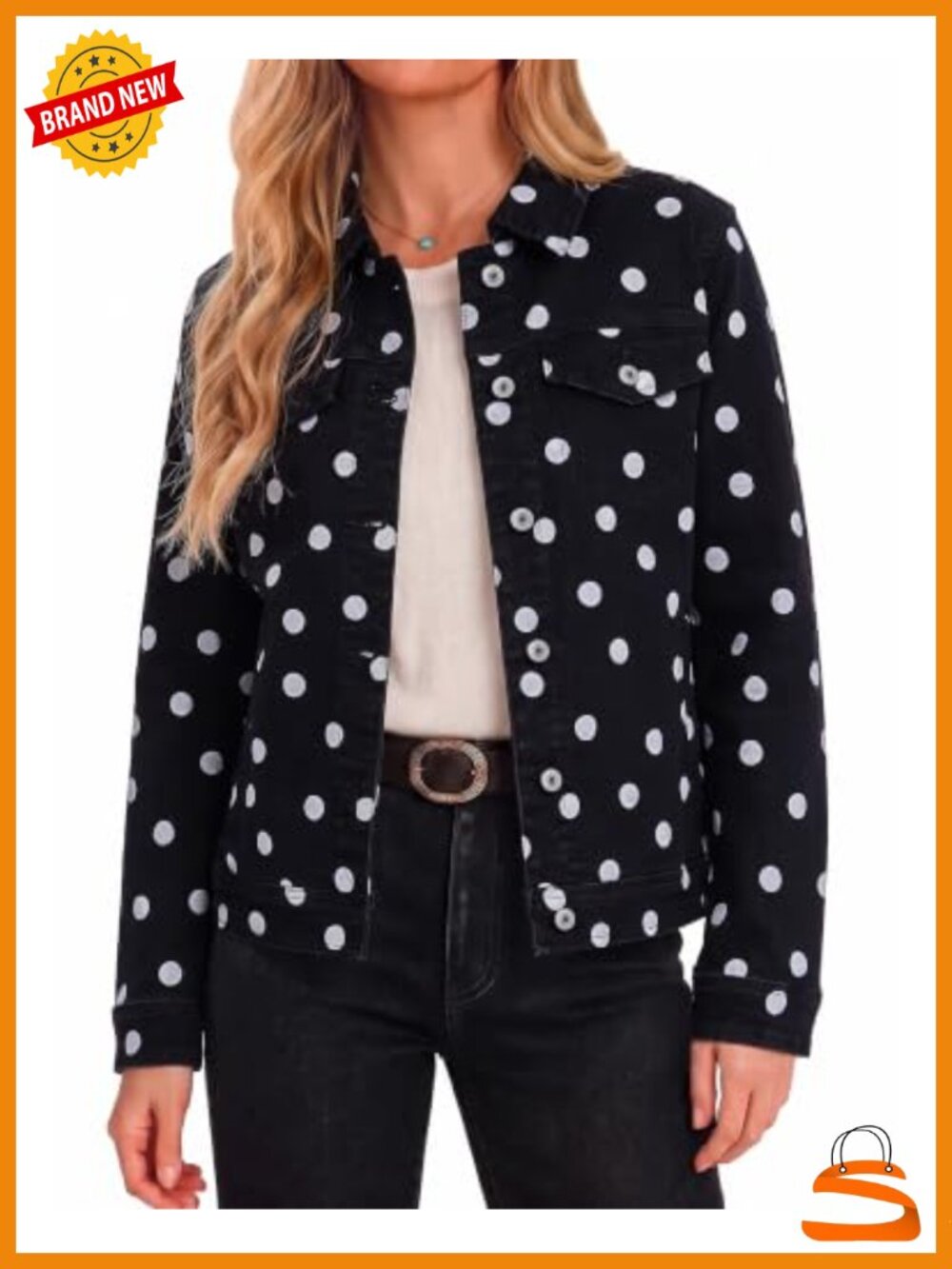 Polka Dot Denim Jacket Women Stretch Trucker Jean Jacket Pockets
